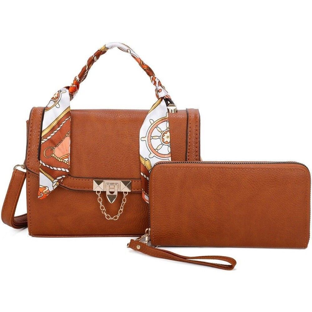 Women's Brown Scarf Satchel for Women Top Handle With Wallet Two Piece Set